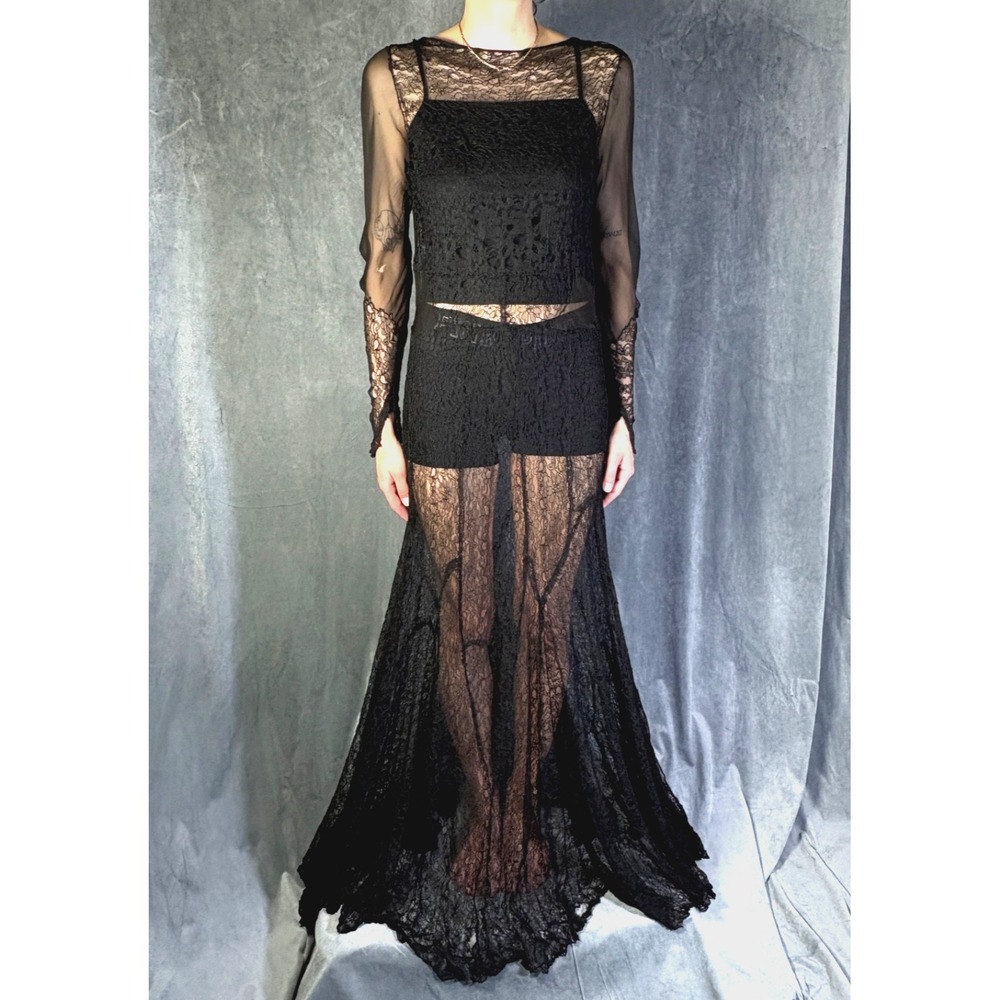 Vtg 1930s Sheer Black Silk Lace Maxi Dress‎ Sheer Long Sleeve WitchyGoth Small
